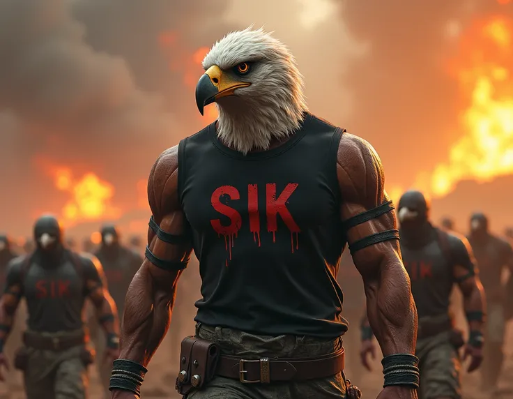 a eagleman army appears from behind to be the winner after the battle his head eagle and his body a man like mutant , and on the back of his black shirt reads like blood "SIK" . with a background full of fire and battlefield. and this picture seem like rea...