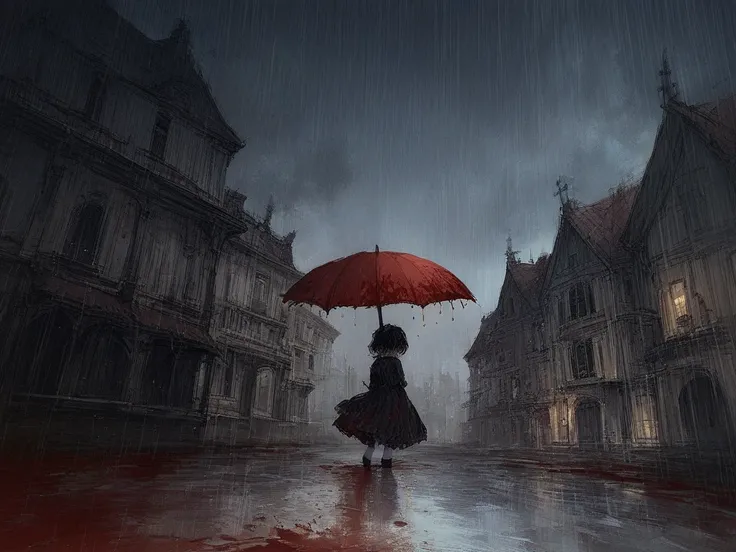 woman with black hair and black dress, with a red umbrella, under the rain of blood, outside the orphanage at night