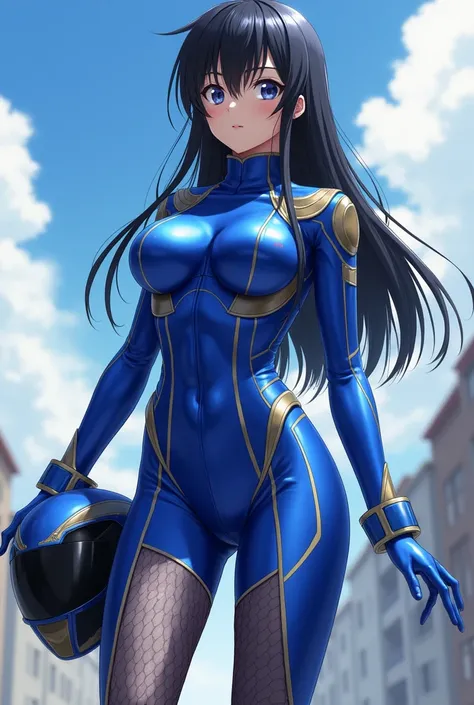 Japanese beautiful high school girl
beautiful long black hair
Tall and excellent style
The waist and thighs are very thin
Below the neck is Ninpu Sentai Hurricane Blue suit
Im wearing shiny fishnet tights
I have a helmet in my hand