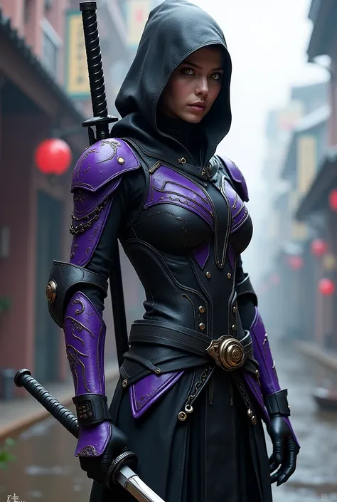 A ninja knight human version. With the traditional Japanese war clothing the clothing colour is black and purple with Golden eyes. Japanese katana and a gun of the future. Human form 