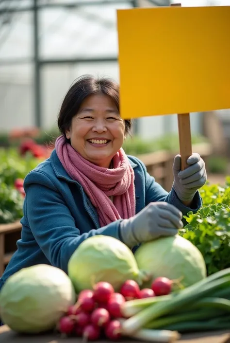 Realistic photography style, bright picture, high definition, high quality, front view, late autumn, the foreground table is full of cabbage, radish, and green onion, a 50-year-old Asian slightly fat woman is squatting behind the table, smiling and holding...