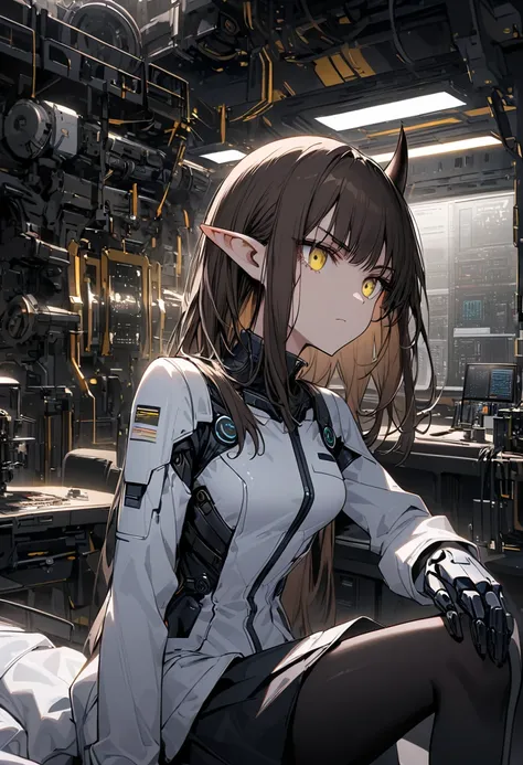 Alone,  female in her 20s ,  long brown hair ,  Straight Bang ,  black goat horn  ,  Pointed ears, yellow eyes,  cleft pupil , Medium chest, White study suit , serious, black skirt ,  black stockings, Engineering interior ,  lab in the back,  various mecha...