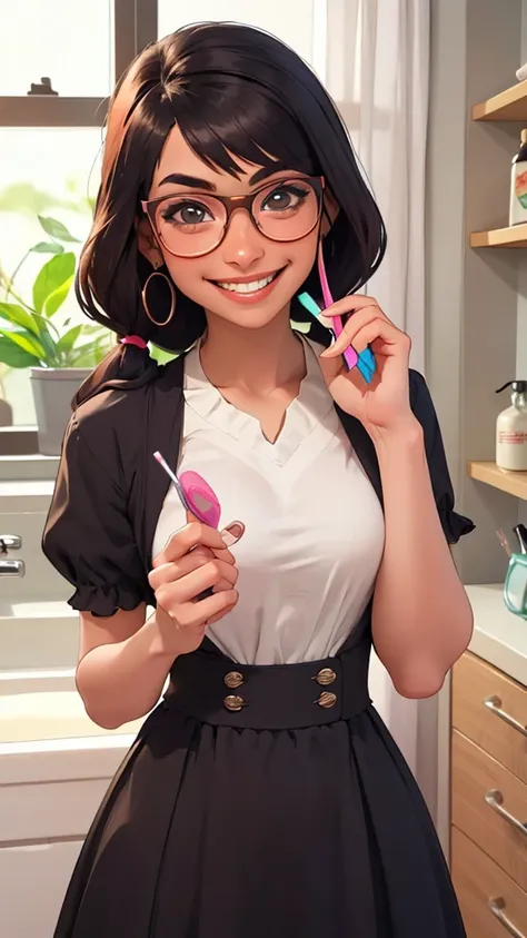 arafed woman with glasses and a dress holding a toothbrush, Cute slightly nerdy smiley , Mia khalifa, Belle Delphine, slight nerdy smile,  She wears Harry Potter glasses  , with glasses, she has a cute face, with glasses, cute beautiful, light and cute smi...