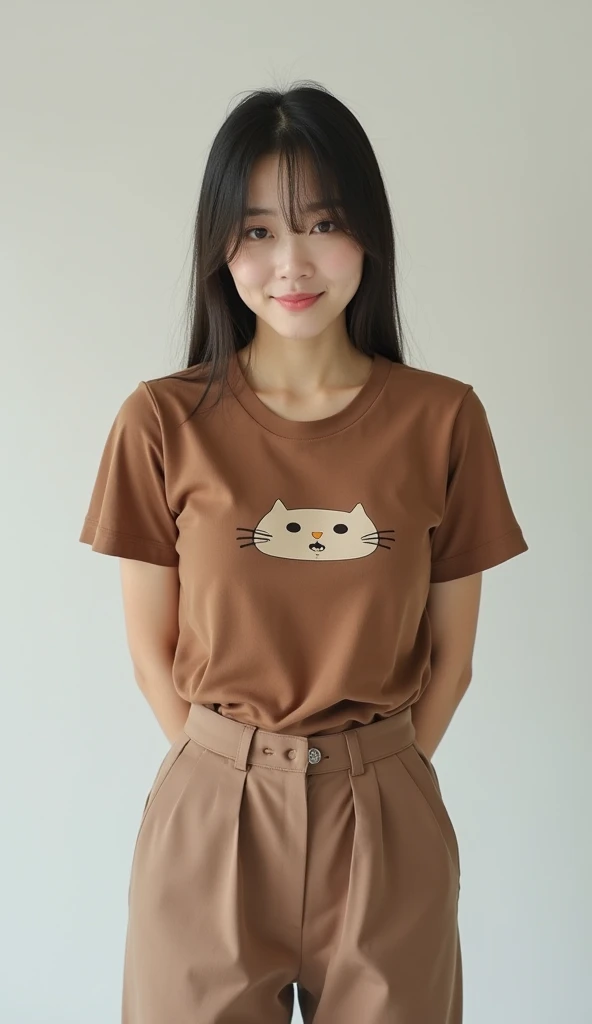 Headshot of a Japanese woman wearing a brown t-shirt with a cute pattern and chinos standing facing the front and stretching her chest with her hands behind her back, dont drill her blindfolded nipples