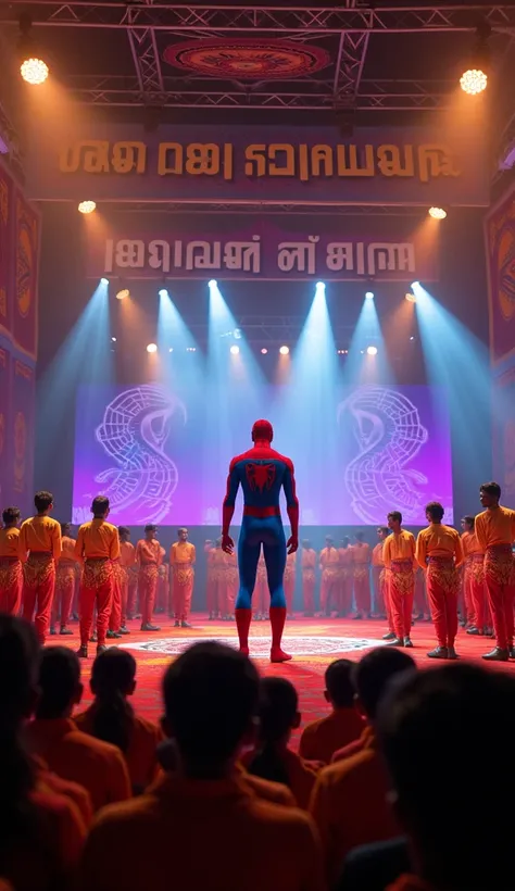 in a stage,the people honouring spiderman ,the people dresses are shirt and mundu,the twxt on the stage is in malayalam