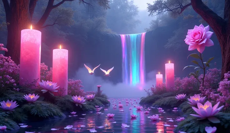 three giant precious fluorescent pink roses, 7 large violet candles,  in a forest ,  at night,  the sun illuminates the entire forest ,,  a large waterfall of rainbow-colored water,  symbol om on stones above the ground , a beautiful purple giant rose in t...