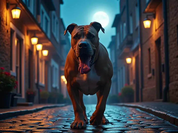 "Draw me an image of a fierce Bullmastiff walking directly toward the camera on a cobblestone street at night. The scene is illuminated by glowing, cinematic streetlights, with a full moon casting an eerie glow in the background. The atmosphere is surreal ...