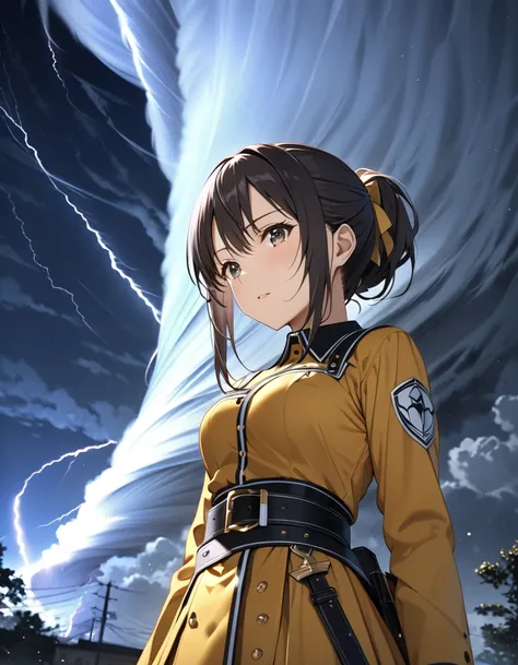 (Tornado storm:1.5), night, ( Yukiko Aikina_ sword art online ), masterpiece, highest quality, UHD, retina, masterpiece, accurate anatomy, textured skin, super detailed, high quality, best quality,  highres icon, 8k