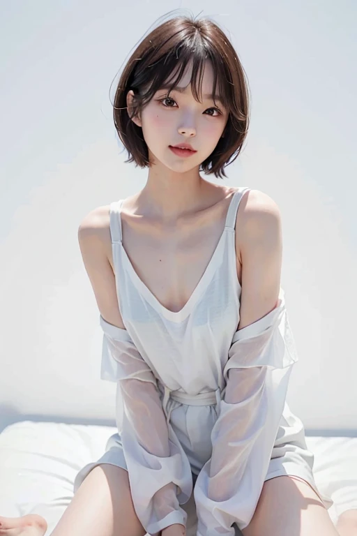 Young Japanese woman, 30s, white background, simple background, short bob hair, slender, 4K, 8K medium, high resolution, beautiful woman, beautiful eyes, simple, high resolution, alone, beautiful skin, beautiful skin, Smile, relax, 