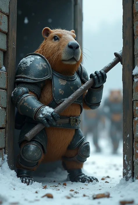 Capibara, wearing armor, took a grueling stand behind the door, behind the door, with a raging horde of zombies about to break through the closed doors in the snow. 