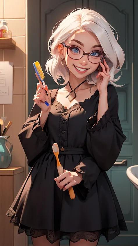 arafed woman with glasses and a dress holding a toothbrush, Cute slightly nerdy smiley , , Belle Delphine, slight nerdy smile,  She wears Harry Potter glasses  , with glasses, she has a cute face, with glasses, cute beautiful, light and cute smile, with gl...