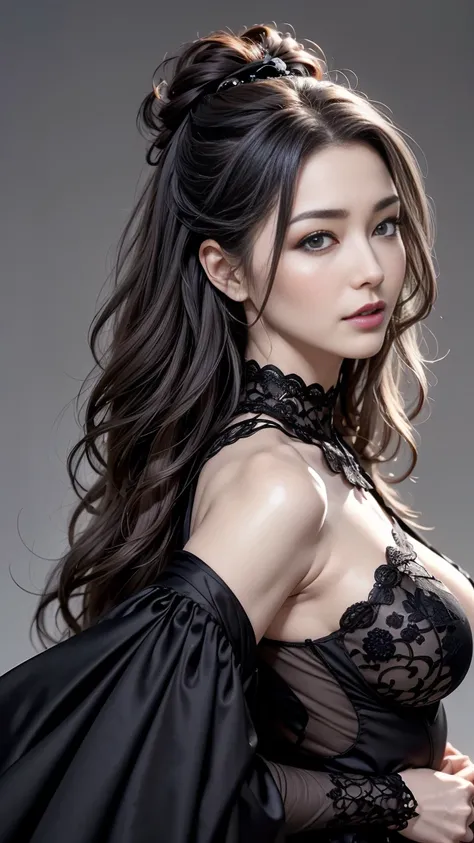 perfect anatomy、highest quality、Masseter muscle part、super detailed、8ｋ、Correct depiction of the human body、whole body angle、delicately drawn face、fine eyes,beautiful eyes、Infinitely clear eyes、Pretty face woman、An ennui look、((gothic **** fashion、Black got...