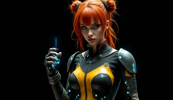 Full general shot of the entire body from the back in lateral foreshortening, looks sideways at the viewer, very technological, Perfect image, 8k, of a woman with orange-red hair with two buns tied on the sides of her head, very long and wavy hair, with ba...