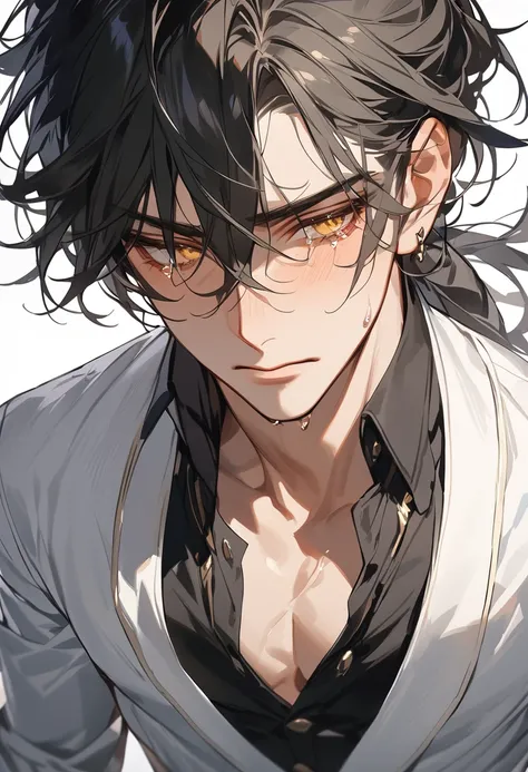 (Masterpiece, high resolution, best quality), solo, 1 male, 25-years old man, handsome, sexy, tanned skin, black hair, male ponytail, yellow eyes, male fantasy clothes, tears on eyes, half body