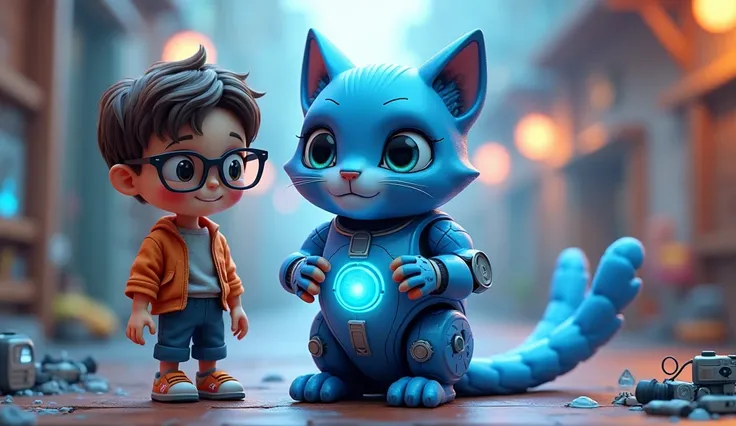  A blue robotic cat with a magic pocket on its belly pulling out futuristic gadgets, while a cheerful boy with glasses looks excited beside him.