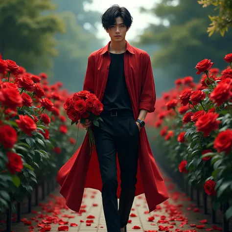 man, young, Japanese, long open red shirt, black t-shirt, black watch, black hair,black trousers, garden black roses background, formal shoes, standing, carrying red roses.