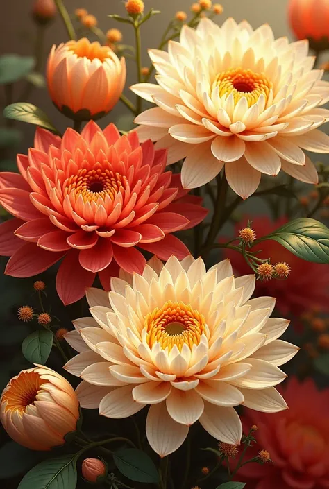 Make a designs of decorated chrysanthemum flowers for people showing on function 
