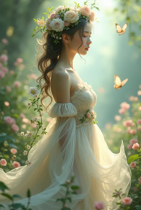 A beautiful girl That is wearing a White long dress With ruffle sleeves. The dress is covered in vines, flowers, and butterflies, with a beautiful flower crown on the head, while holding a stick that is wrapped in vines and has flowers.