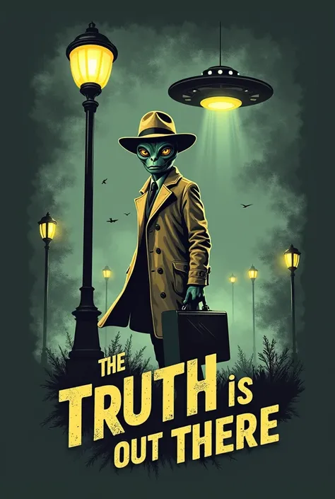 Create a vintage-style illustration featuring an alien in a trench coat and fedora, holding a mysterious glowing briefcase, standing under a retro lamppost. Surround the alien with subtle hints of a UFO hovering above in the foggy night sky. Add the phrase...