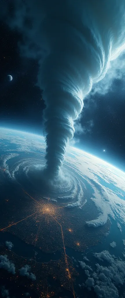  birds-eye view of the Earth from space、A super giant tornado hits the city of Earth 、 Wide Angle Shot 