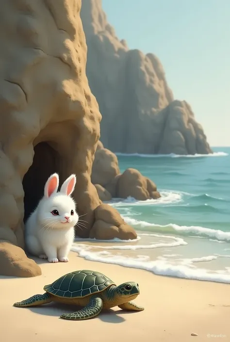 

"A photorealistic digital painting of a small, fluffy white bunny rabbit peeking out from a crevice in a rocky cliff face near a beach. A small sea turtle is walking on the sandy beach in the foreground. The ocean is visible in the background, with soft ...