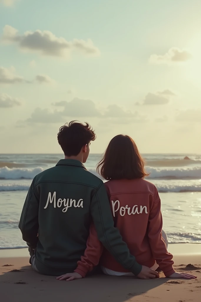 2 couple sitting on e beech and girl name is Moyna and boy name is Poran show on their jacket in back