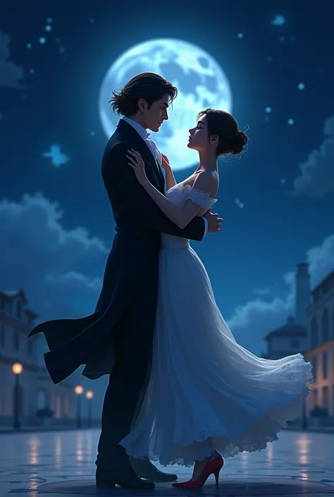 man with long hair and woman with short face to face ballroom dancing together in front of the night sky