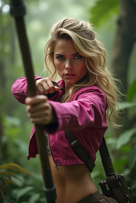 beautiful 35-year-old woman with curly blond hair, green eyes, skinny face, dressed in a short pink jacket throws a spear as a sign of hunting to a wild animal in a forest. she is seen abs muscules very stried