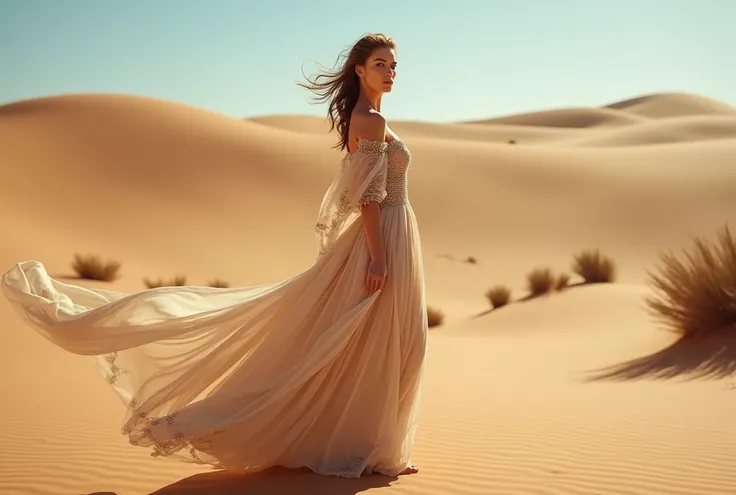 fashion model wearing flowing boho dress in editorial in desert dunes