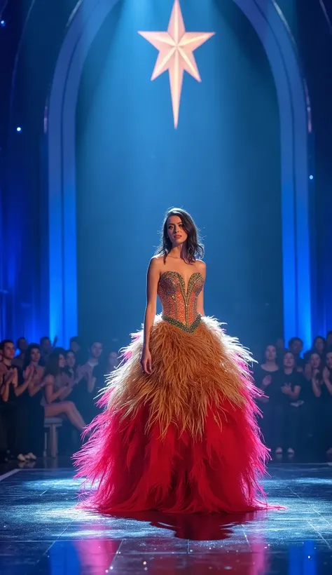 An elegant Americas Got Talent stage with luxurious blue curtains and glowing blue lights. A young woman in a flowing Red And Golden  magical animal feathers. Blend feathers from various mystical creatures, such as peacock and griffin.shifting colors under...