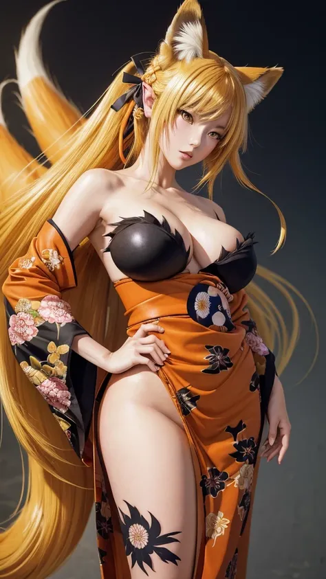 1 beautifull kitsune queen in a gorgeous japaness kimono,blonde hairs in 90s anime style, french braid, hair hide ear, hime cut, very long hair, heart-shaped pupils, animal ears, fox ears,"long orange fox ears with black tips", covering ears, kemonomimi mo...