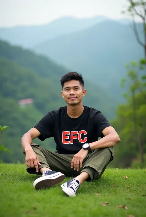  Full from a distance a nice beautiful place and nearby there is a handsome 27-year-old Indonesian man with short hair neat and sweet,  wears black t-shirt with name  "EFC " with large font red yellow green color , wearing cargo pants and wearing full alls...