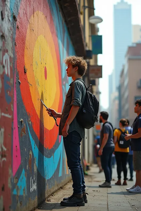 A young artist (late 20s, disheveled yet vibrant) stands by street, painting a mural on a well worn wall. Passers by stare at them.