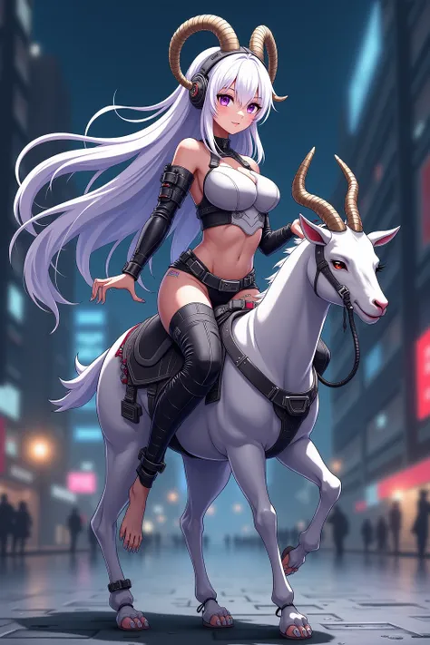  Beautiful anime woman, long beautiful white hair, detailed purple eyes,Large breasts, wearing futuristic headphones, silver nail polish on her hand and toe nails, beatiful detailed feets, wearing a futuristic cyber punk outfit, riding a small goat with sa...