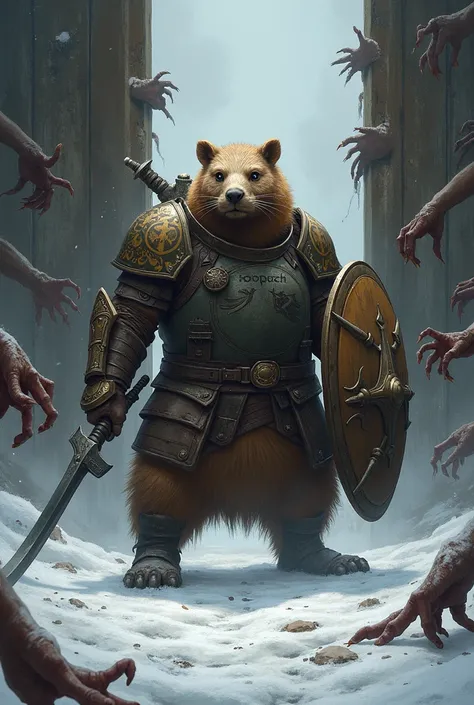 Capibara, wearing armor, stands alone through the decayed door behind the door, with the hands of a raging zombie horde, storming the closed door in the snow with all the strength to survive.