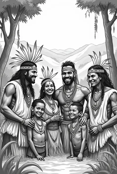 black and white illustration of a happy tribe