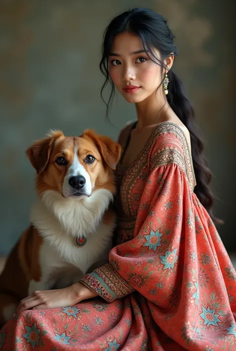 photo of a 25_year_old_woman, in an ethnic gown, dgdressed and dog sitting near by her