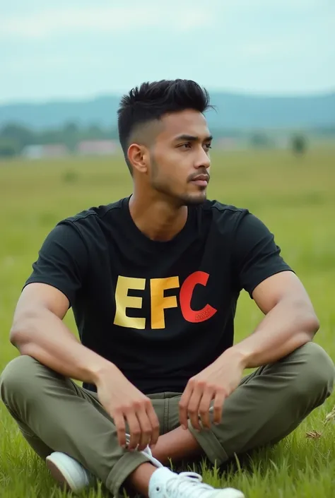 Full from a distance a nice beautiful place and nearby there is a handsome guy indo Asian age 27 years old with short hair neat sweet,  wears black t-shirt with name  "EFC " with large font red yellow green color , wearing cargo pants and wearing full alls...