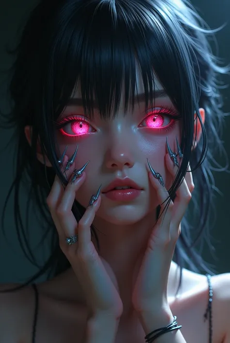 (photorealism:1.2), beautiful infected femboy with bright pink eyes infected with parasites and feeling pleasure. Femboy fit. Dark sharp claws, hypnotic, beautiful