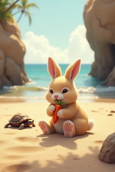 

"A photorealistic digital painting of a cute, fluffy light brown bunny rabbit sitting on a sandy beach near a rocky alcove. The bunny is holding a small carrot. A small turtle is visible in the background on the sand. The ocean is visible in the distance...