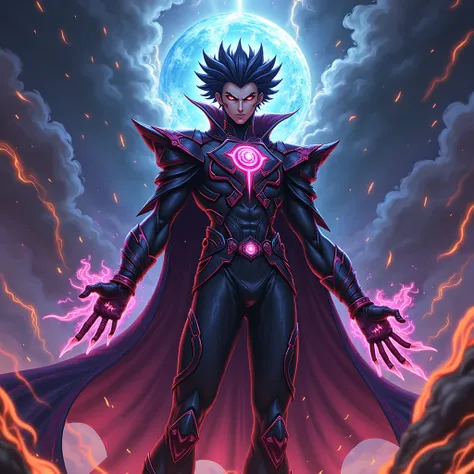 Create me a superhero villain in the manga yugioh style 