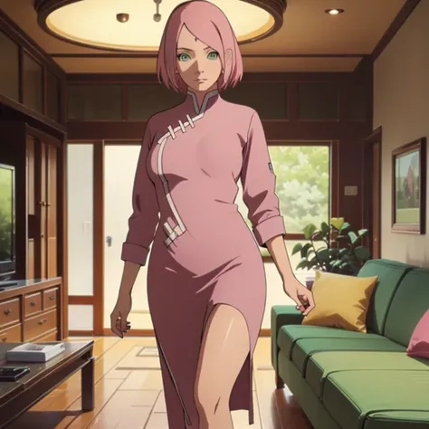 1girl, Solo, Masterpiece, High Resolution, Super Detailed, High Quality, Short Hair, Bright Pink Hair, Large breasts, Green Eyes, Living Room, Walking, Full Body, 