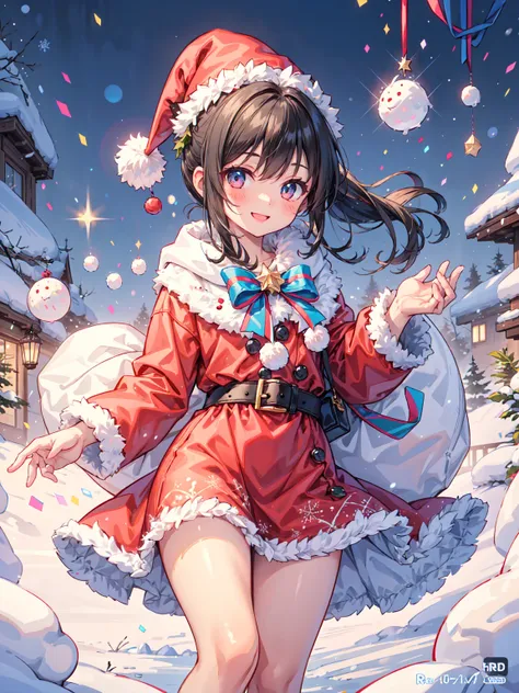  cute girl,  1 girl , solo,  high definition ,  long hair,  smiles,  black hair,  ponytail ,  Christmas , Santa Claus Costume , winter ,  Christmasツリー , snow , 