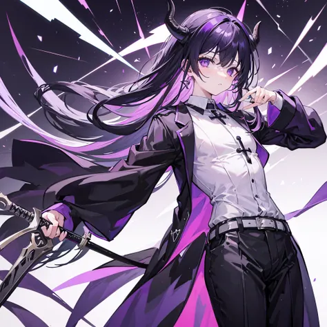 The Man with Horns，Cross in the eyes，The clothes are purple，White and black hair，Knife in hand