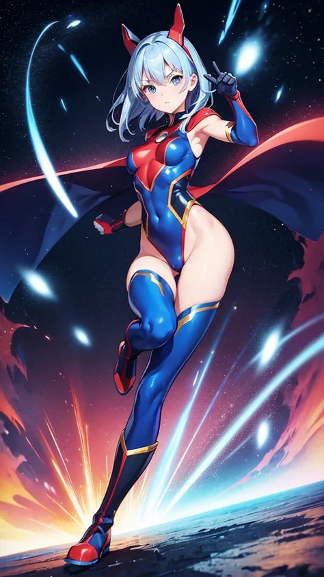  1 girl 、(( action pose )),  superhero ,  leotard , blue and red ショートヘア、 leotard , Bare legs,  boots,  gloves,  flat chested,  beautiful detailed eyes, Shining Body,  light wrapping around her body , Light Particles,  cosmic background ,  standing posture ...