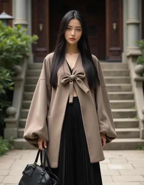 A poised and sophisticated fashion portrait of a young woman with sleek, jet-black long hair flowing naturally down her back. She is dressed in an oversized taupe textured coat with voluminous sleeves, tied elegantly at the neck with a minimalistic ribbon ...