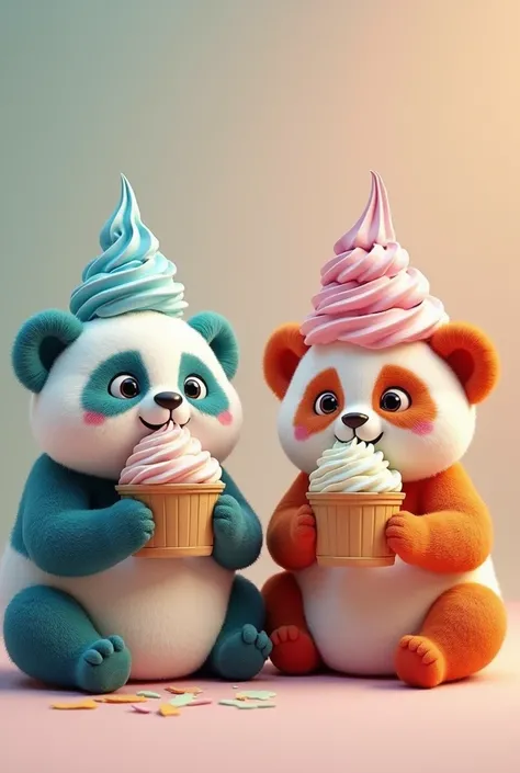 Wild Panda、Super resolution photo 8k 、 pandas sit with their legs thrown forward 。Pandas are colorful and look good looking delicious 、 Please generate an image of them happily eating soft serve ice cream。