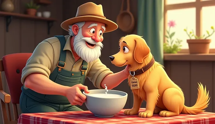   The cartoon farmer( a kind old man with a bushy beard,wearing hat ) gave bowl of milk  to   A cartoon golden retriever with a fluffy coat, wagging tail,( belt with a collar named GOLDIE and address) in farmhouse (a blanket aside the dog )

