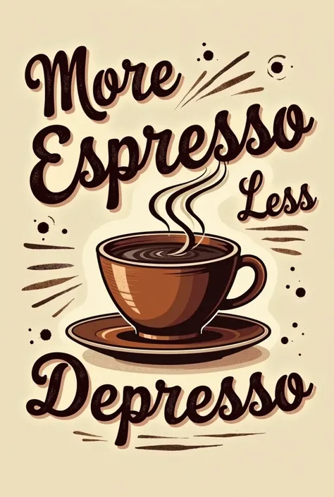 Create a vintage-style illustration featuring a steaming coffee cup with swirling patterns in the steam, incorporating distressed textures for a retro feel. Add the phrase "More Espresso, Less Depresso" in bold, cursive typography, arched above and below t...