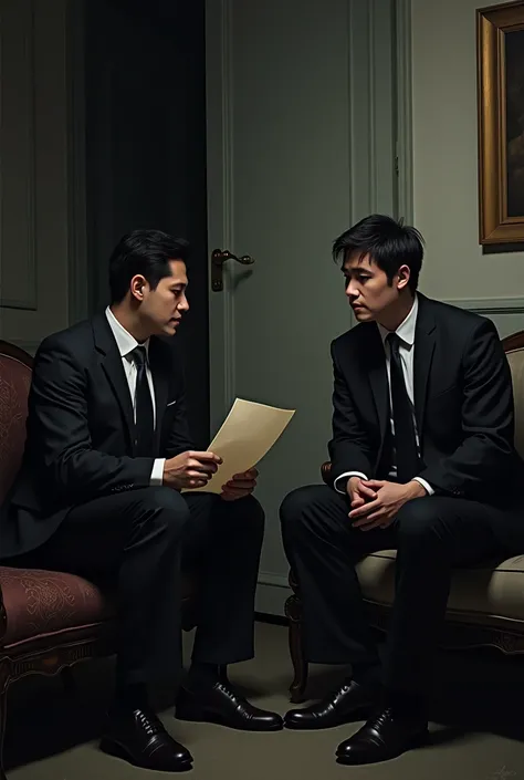 make a picture of two men in suits sitting on a couch and one has a letter discussing something in a room with a door and also make the men shadow